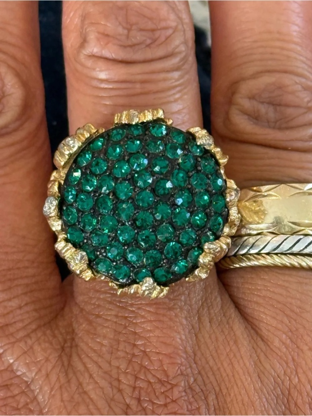 Vintage 1960’s Green Pavé Round Cocktail Ring Adjustable Gold Tone
